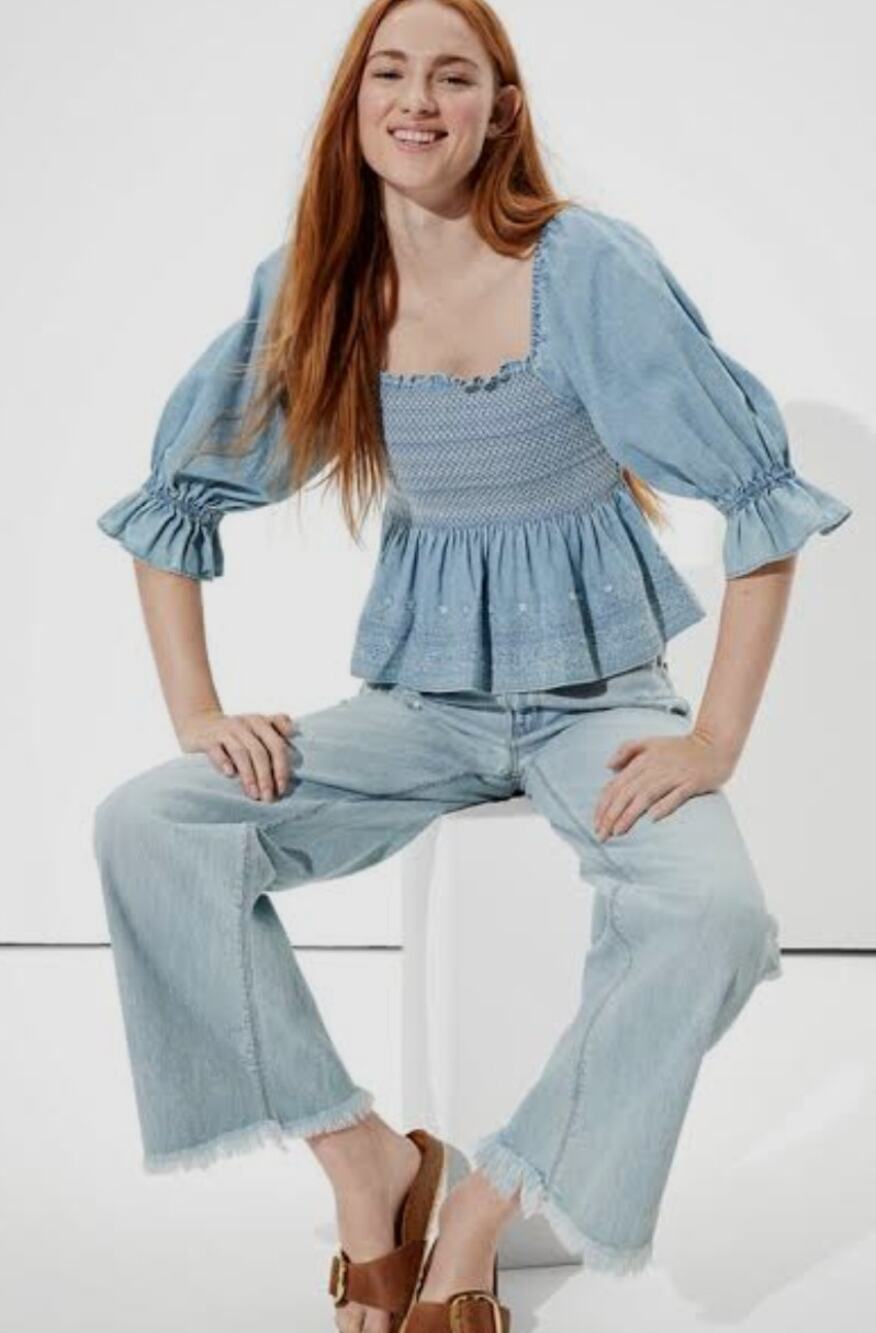 American Eagle Smocked Square Neck Babydoll Embroidered Top Light Denim Size M